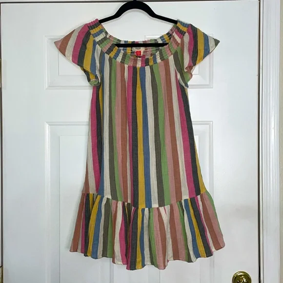 MARINE LAYER Shirley Rainbow Stripe Off Shoulder Ruffle Hem Mini Skirt Dress S - Picture 3 of 9
